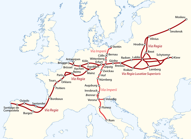Karte Europas mit Kennzeichnung von Via Imperii und der Via Regia